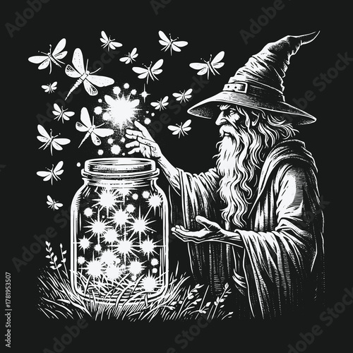 Wise old wizard casting a spell with a magical jar of glowing butterflies.