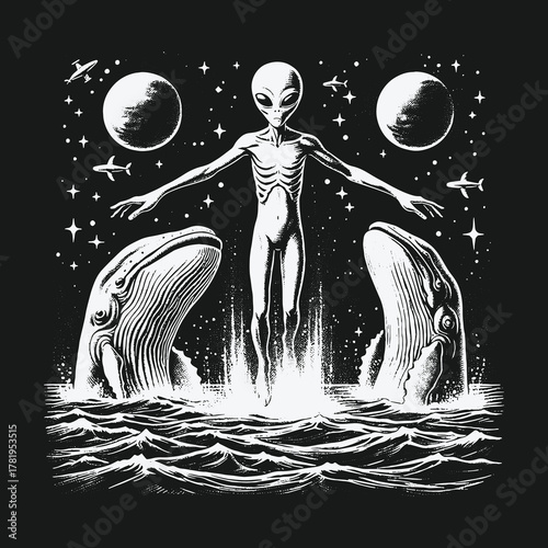 Cosmic Alien Visitor Emerges from the Ocean Between Two Whales.