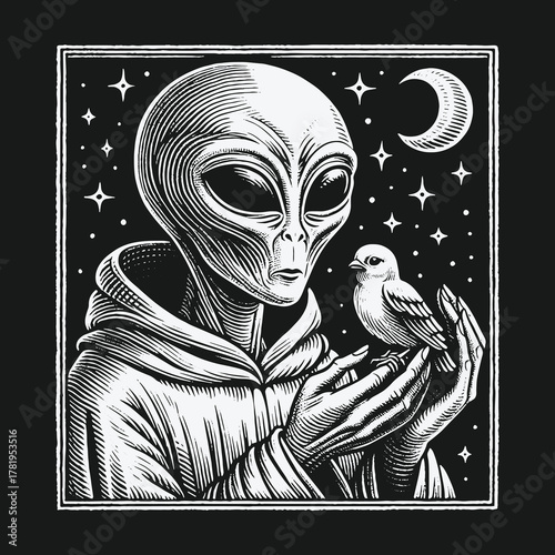 Mystical Alien in a Monk Robe Cradling a Bird Under a Crescent Moon.