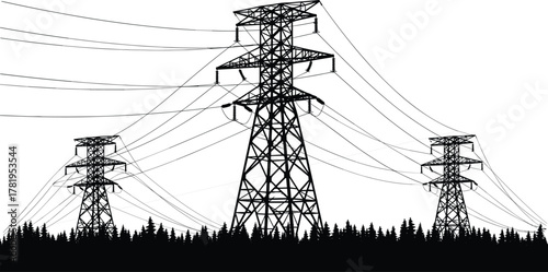 High voltage power transmission towers, electricity lines over forest landscape, industrial energy grid infrastructure, black and white cad drawing flat vector illustration