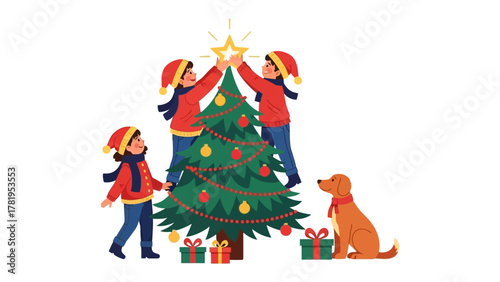Festive Gathering: A group of children decorate a Christmas tree with a dog, a heartwarming scene of festive joy and togetherness.