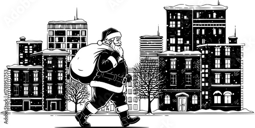 Black and white vector illustration of Santa Claus walking through a quiet night city with a sack of gifts, festive Christmas scene with urban buildings and winter atmosphere