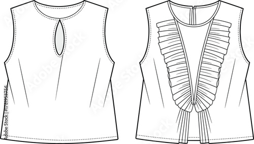Fashion illustration sleeveless women’s tops, round neckline, keyhole detail, ruffle cascade design, garment construction, technical sketch, apparel design vector