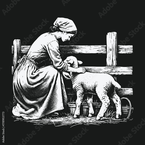 Gentle shepherdess in vintage attire caring for a small lamb.