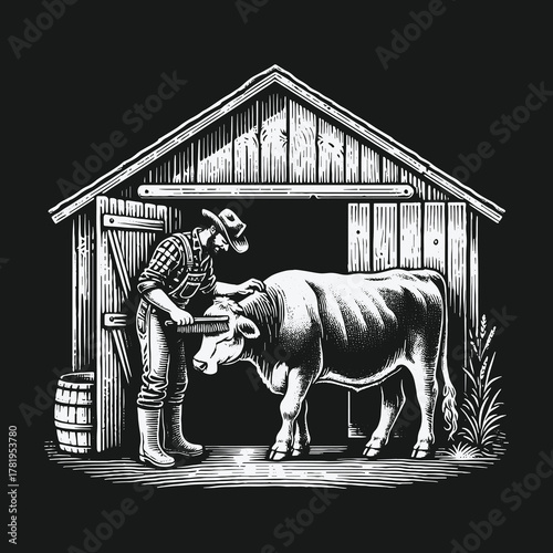 Vintage woodcut illustration of a farmer with his cow in a rustic barn.