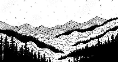Night over Smoky Mountains with stars, fog, and pine forest, black and white line art illustration
