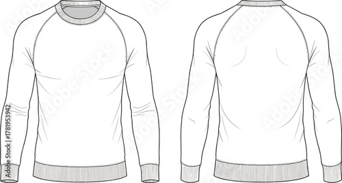 Long sleeve crewneck sweatshirt fashion flat, technical garment sketch, raglan sleeve pullover, ribbed cuffs hem neckline, apparel design illustration