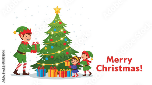 Christmas Cheer: Charming elves spread festive joy by adorning a glittering Christmas tree and exchanging delightful gifts, perfectly capturing the spirit of Christmas.