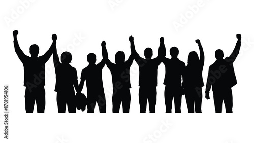 Group silhouette with raised arms isolated on white background, Vector