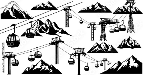 Silhouette vector set of ski cable cars, gondolas, lift towers, and mountain scenery perfect for alpine tourism, winter sports, and transport themes
