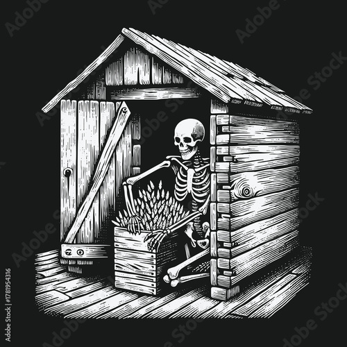 Monochrome illustration of a skeleton in a rustic wooden shed holding a harvest crate.
