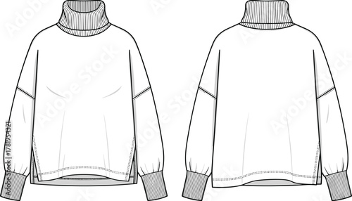 Technical fashion flat sketch, turtleneck sweater front and back view, ribbed collar cuffs hem, balloon sleeve design, apparel illustration vector