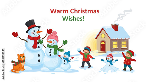 Festive Winter Scene: Joyful children engaged in a lively snowball fight near snowmen in front of a cozy cottage, filled with warmth and the spirit of the holiday season.