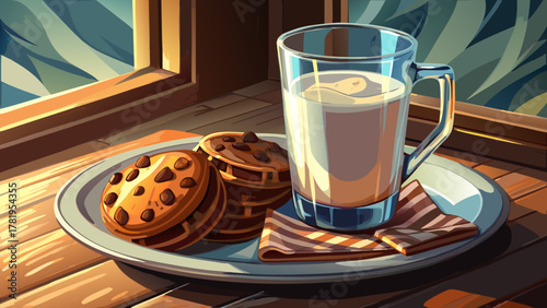 Very beautiful close-up of a glass of milk on a tray with chocolate cookies next to it, featuring warm natural light, realistic textures, and a cozy inviting dessert scene.