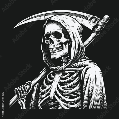 Monochrome illustration of the Grim Reaper holding a scythe.