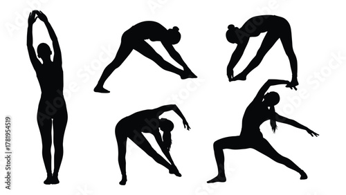 Yoga and stretching pose silhouettes isolated on white background, Vector