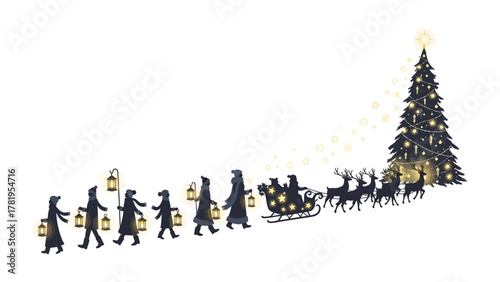 Schilderij op canvas Holiday Procession: A stylized, festive illustration depicts a magical procession of figures and reindeer, each one leading to the grand Christmas tree, evoking the spirit of the season