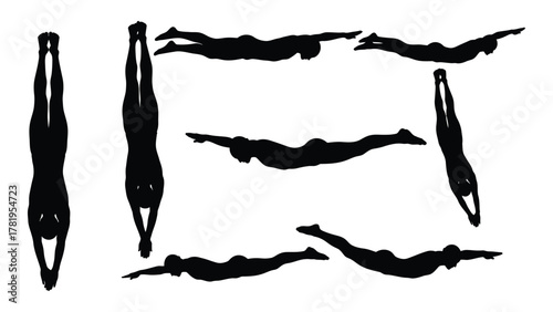 Swimming and diving silhouettes set isolated on white background, Vector