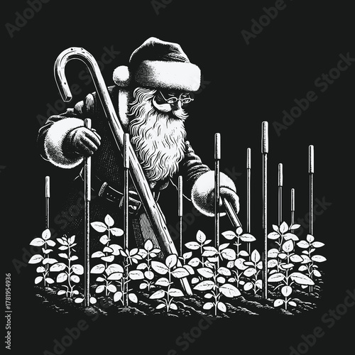 Monochrome Illustration of Santa Claus as a Gardener with a Candy Cane.
