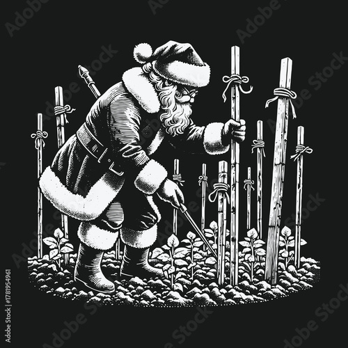 Vintage black and white illustration of Santa Claus gardening.