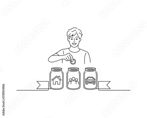 Person depositing coin into jar with house icon family