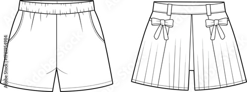 Technical fashion illustration women’s shorts, casual elastic waistband design, pleated bow detail style, garment construction sketch, apparel vector clothing template