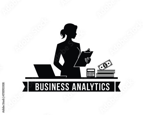 Business woman with laptop calculator money and clipboard 