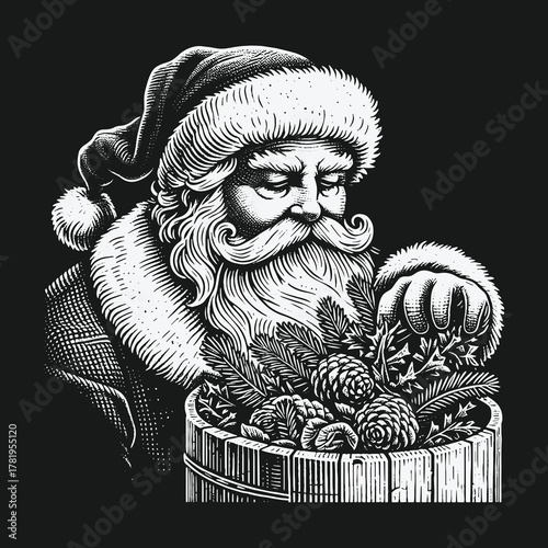 Vintage black and white engraving of Santa Claus with a basket of pine cones and holly.