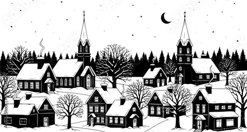 Charming village nestled among winter trees, a peaceful snowy scene
