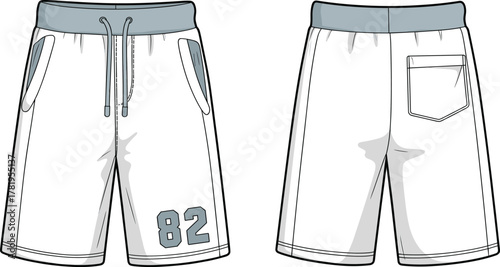 White athletic shorts, light blue waistband, drawstring, side pockets, number 82 print, casual sportswear, fashion apparel, summer clothing, trendy design, lifestyle wear