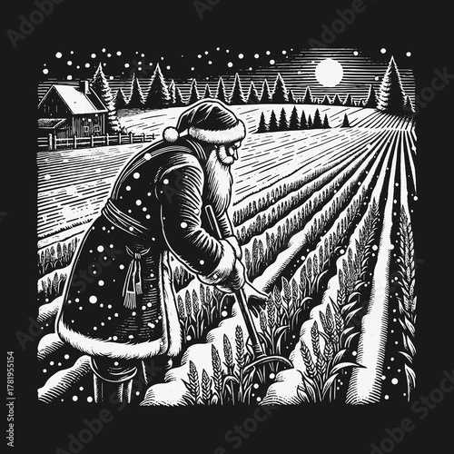 Santa Claus as a farmer working in a snowy winter landscape.