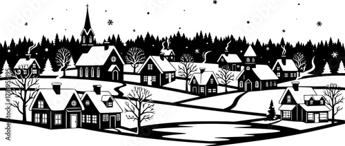 Charming village nestled among winter trees, a peaceful snowy scene
