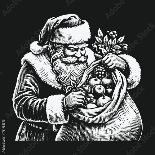 Vintage Santa Claus with a sack of fruit in a classic engraving style.