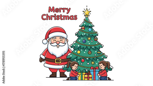 Christmas Cheer: Santa Claus, a decorated tree, and two young girls share a heartwarming Christmas moment, full of joy and anticipation.