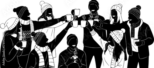 Group of Friends Toasting Hot Cocoa Silhouette | Cozy Winter Gathering Vector | Festive Holiday Celebration Scene
