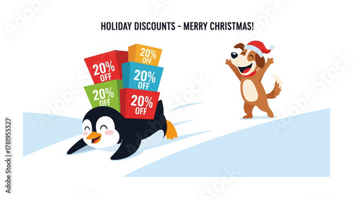 Festive Delivery: Animated penguin carrying gift boxes with discounts, cheerfully moving through a snowy landscape, celebrating the holiday season.