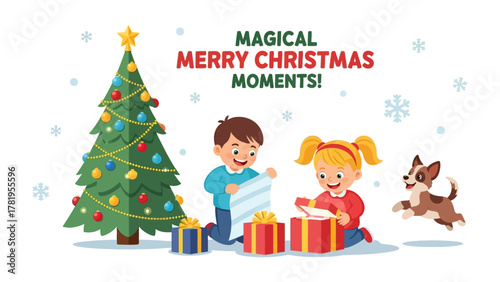 Joyous Christmas Moment: Two children are filled with anticipation, opening a holiday gift while their playful dog jumps in excitement. The scene encapsulates the magic and warmth of Christmas.