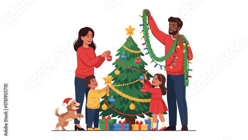 Decorating the Holiday: A family gathers around the Christmas tree to decorate, creating memories. This heart-warming scene illustrates the joy of Christmas.
