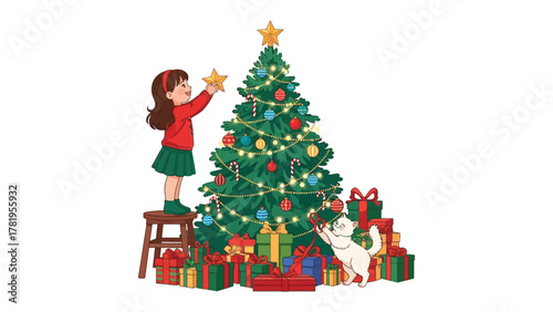 Decorating the Christmas Tree: A child places a star on top of a decorated Christmas tree with a cat. Capturing holiday spirit and happiness.