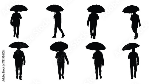 Silhouettes of people with umbrellas walking isolated on white background, Vector