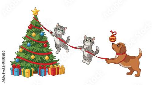 Festive Friends: Charming illustration capturing the festive spirit, featuring a decorated Christmas tree with kittens and a dog playing together