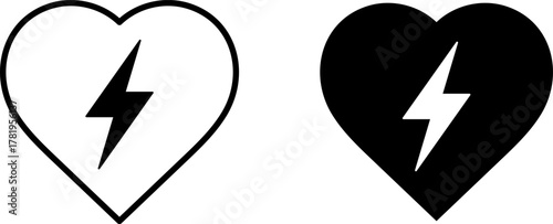 Heart with lightning bolt icon in black and white