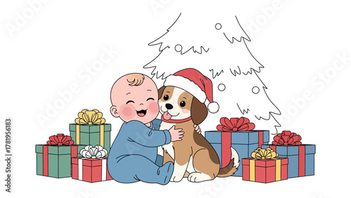 Christmas Joy: A joyful infant cuddles a puppy wearing a Santa hat, surrounded by colorful presents and a festive Christmas tree, conveying the magic of the holiday season.