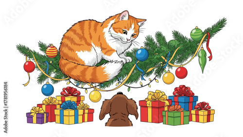 Christmas Eve Surprise: An adorable ginger cat sits atop a decorated Christmas tree, looking down at a brown puppy surrounded by a colorful array of gift boxes.