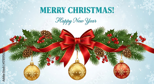 Merry christmas and happy new year greeting card with fir decoration