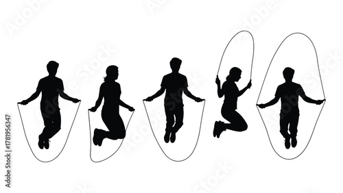 People jumping rope silhouettes isolated on white background, Vector