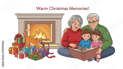 Heartwarming Holiday Hearth: A heartwarming Christmas illustration, depicting a cozy scene of a family gathered near a fireplace, surrounded by gifts.
