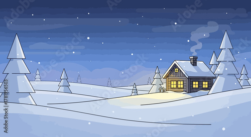 Cartoon Style Snowy Night Cabin in Winter Landscape Illustration