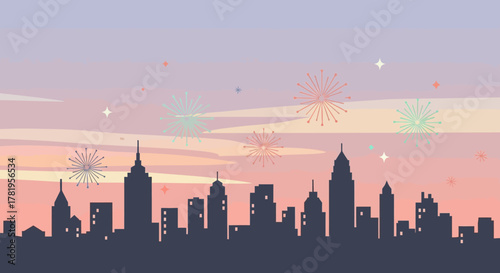 Modern Flat Style Cityscape with Fireworks in Pastel Sunset Sky Illustration