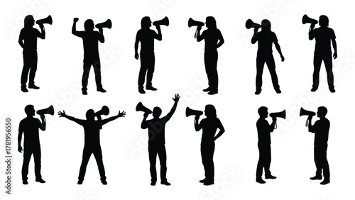 People silhouettes with megaphones isolated on white background, Vector
